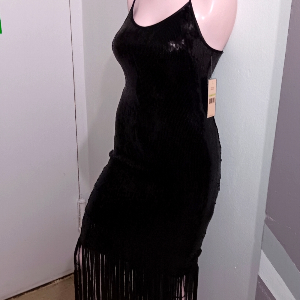 Black Sequin Tank Maxi Dress with Fringe